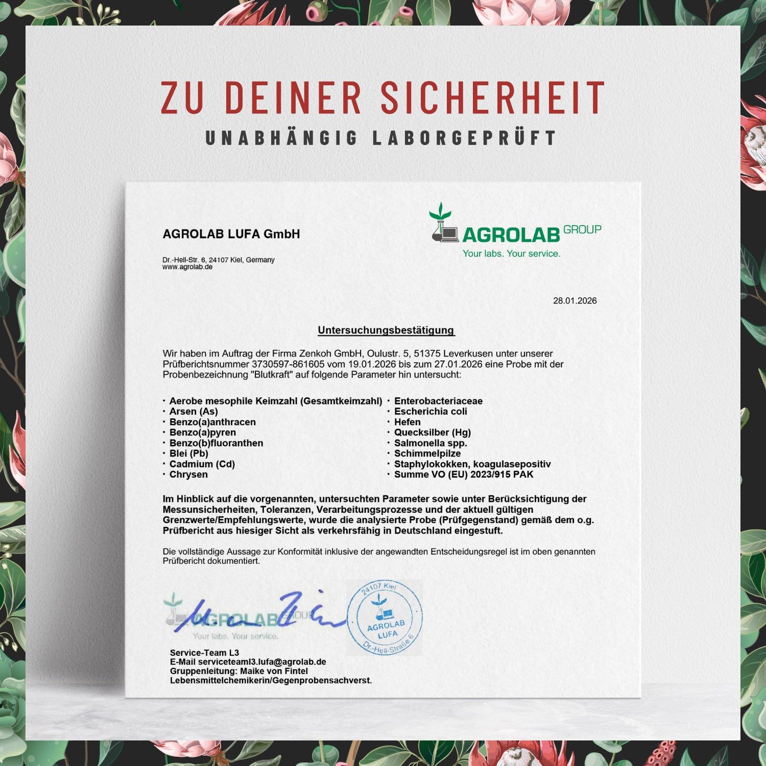 Zertifikat von AGROLAB LUFA GmbH. Text: ZU DEINER SICHERHEIT. Unabhängig laborgeprüft. Unterschrift.