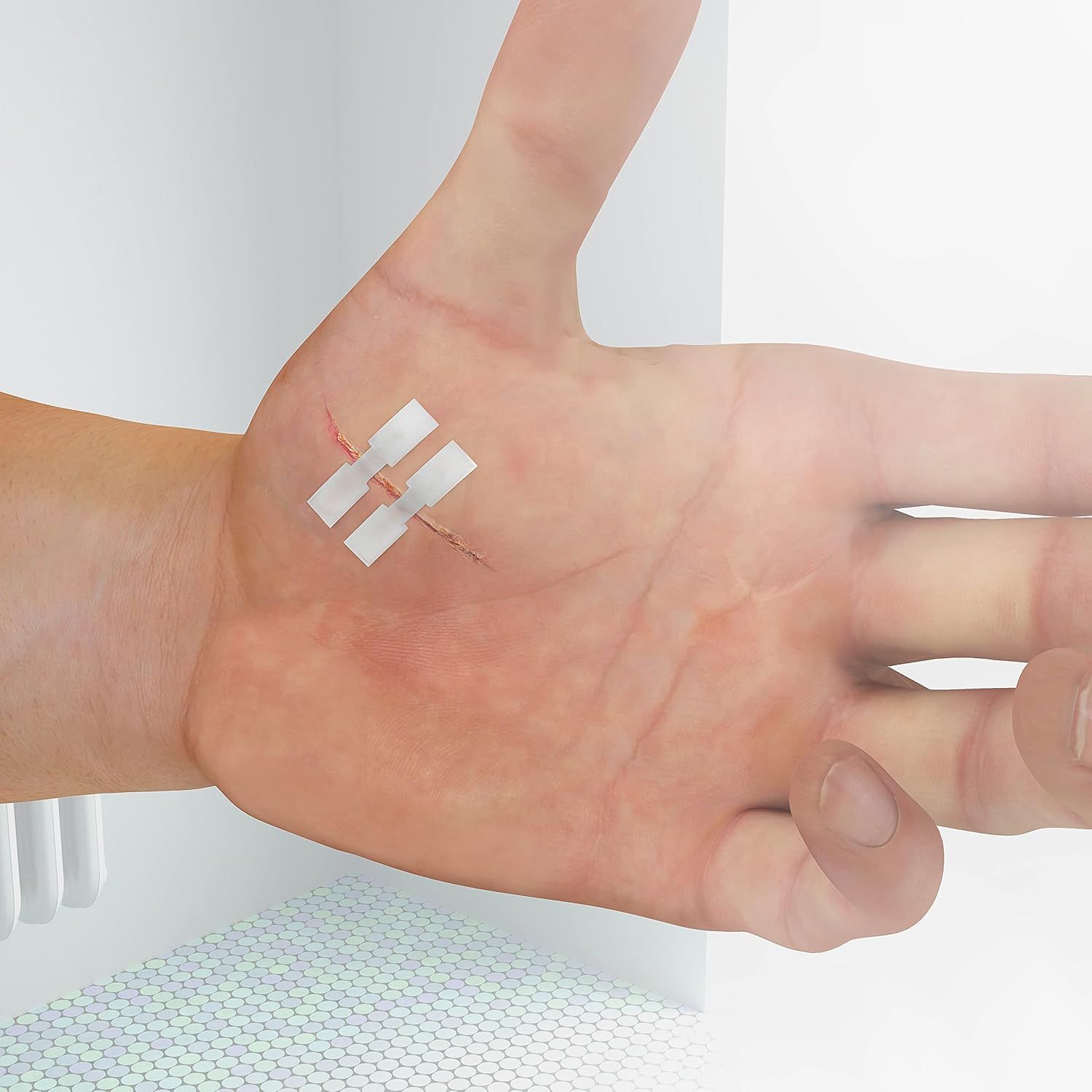 Handfläche mit zwei Cutiderm Schmetterlingsnahtstreifen zur Wundversorgung.