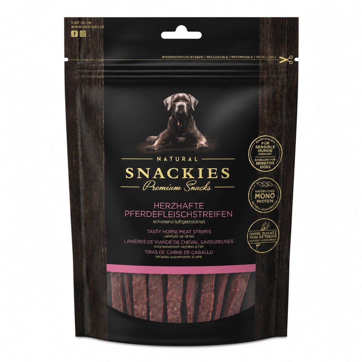 SNACKIES Herzhafte Pferdefleischstreifen - Monoprotein Snack für Hunde