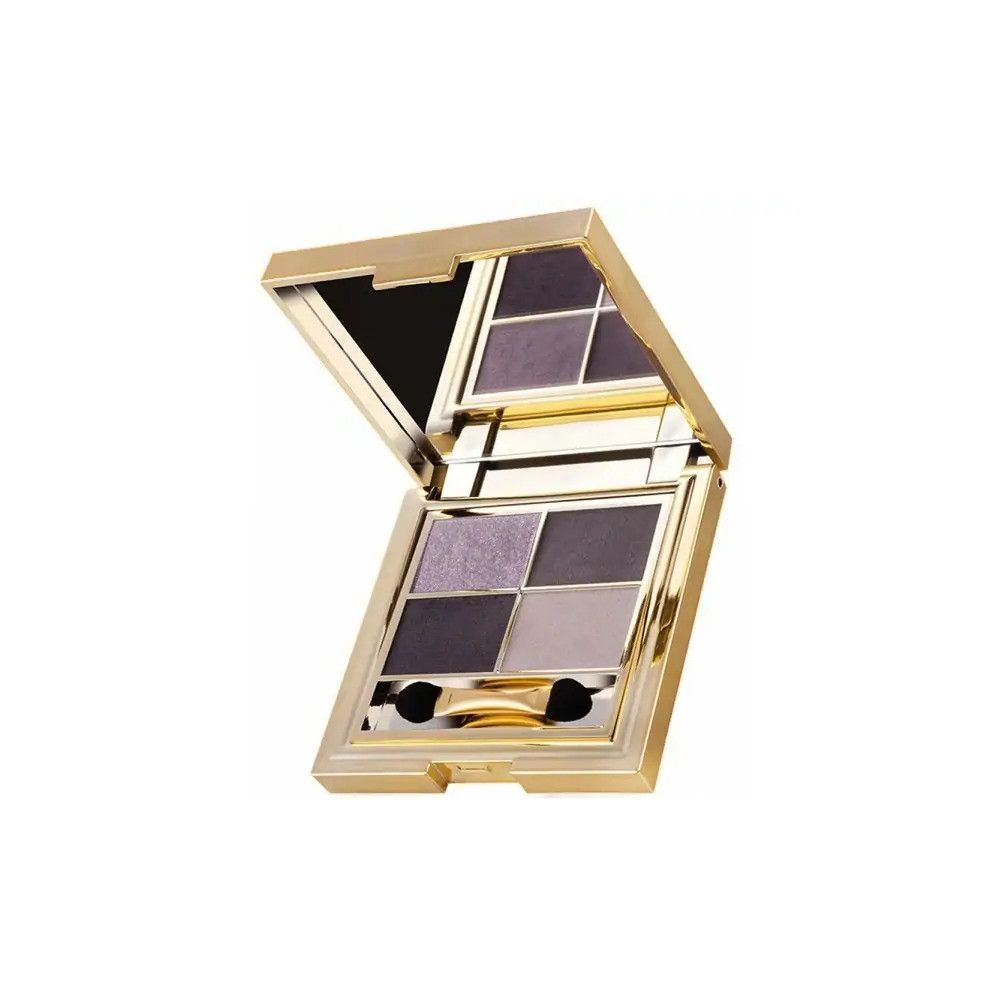 Lidschattenpalette mit vier Farbtönen und Spiegel. Goldfarbenes Gehäuse. Enthält Applikator. Geöffnet.