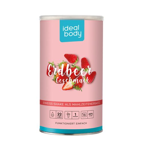 Rosa Dose mit "Ideal Body"-Logo und Erdbeer-Geschmack. Text: Eiweiß-Shake als Mahlzeitenersatz. Erdbeeren abgebildet.