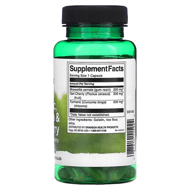 Grüne Flasche mit Kapseln. Rückseite mit Nährwertangaben. Zutaten: Boswellia, Sauerkirsche, Kurkuma.