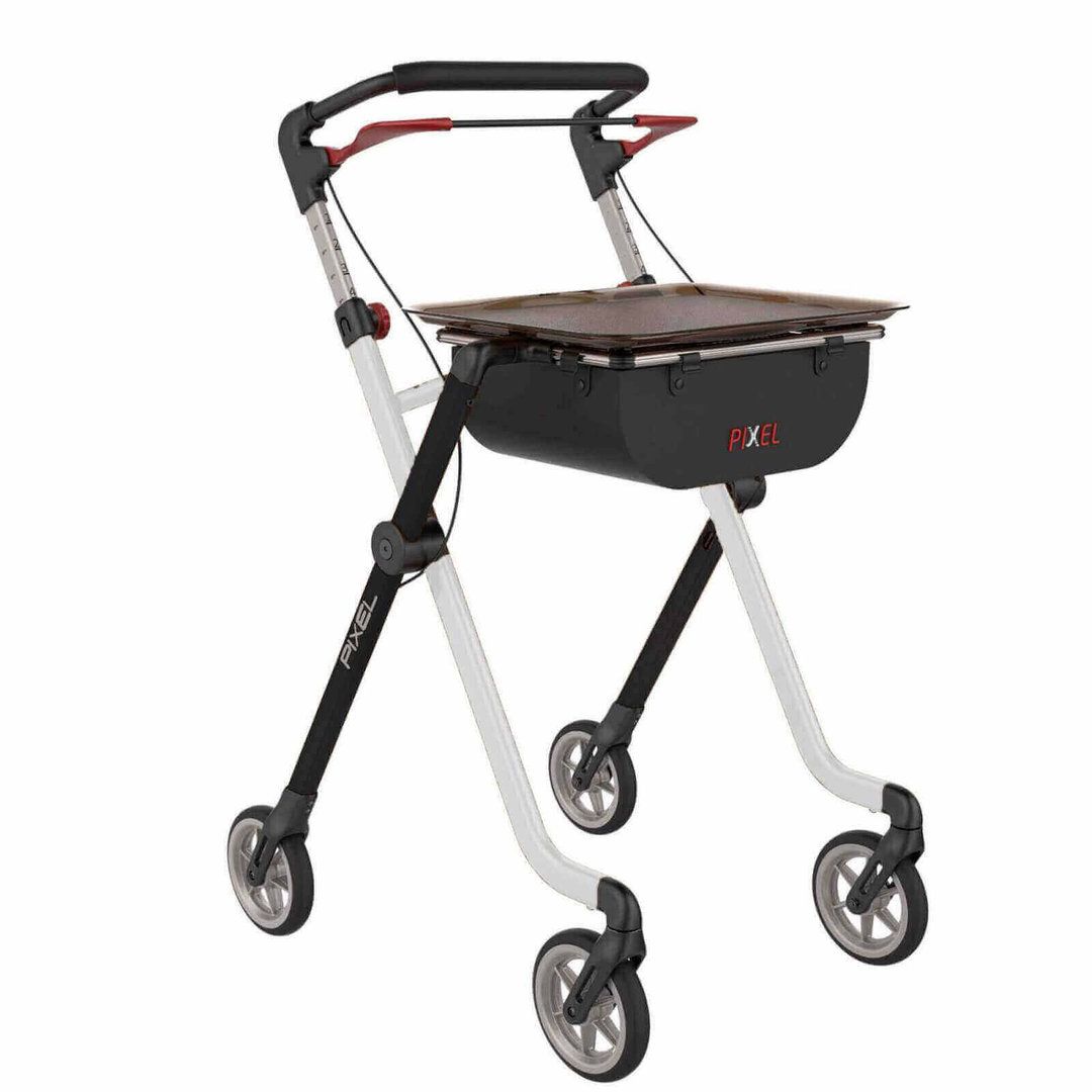 Rehasense Pixel Rollator in Weiß und Schwarz mit Tablett und Tasche.