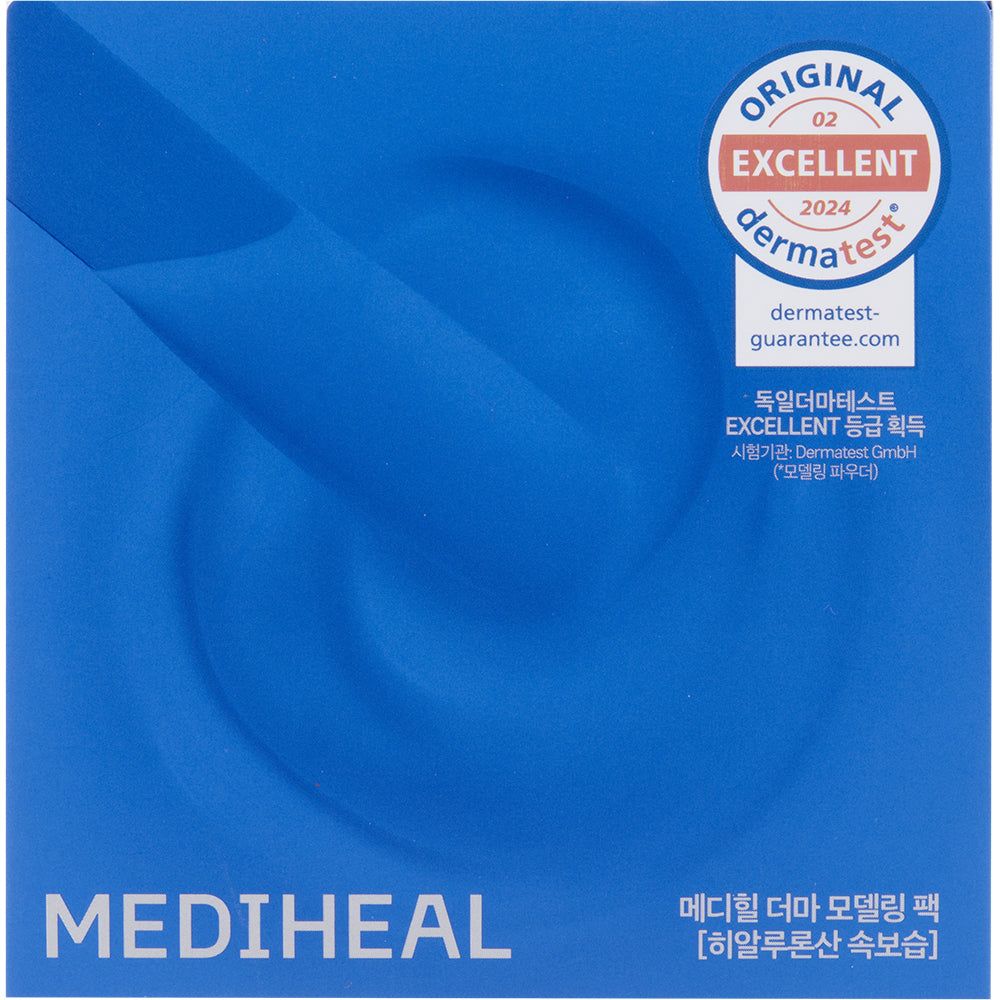 Blaue Verpackung mit MEDIHEAL-Logo und koreanischem Text. Dermtest-Zertifizierung.