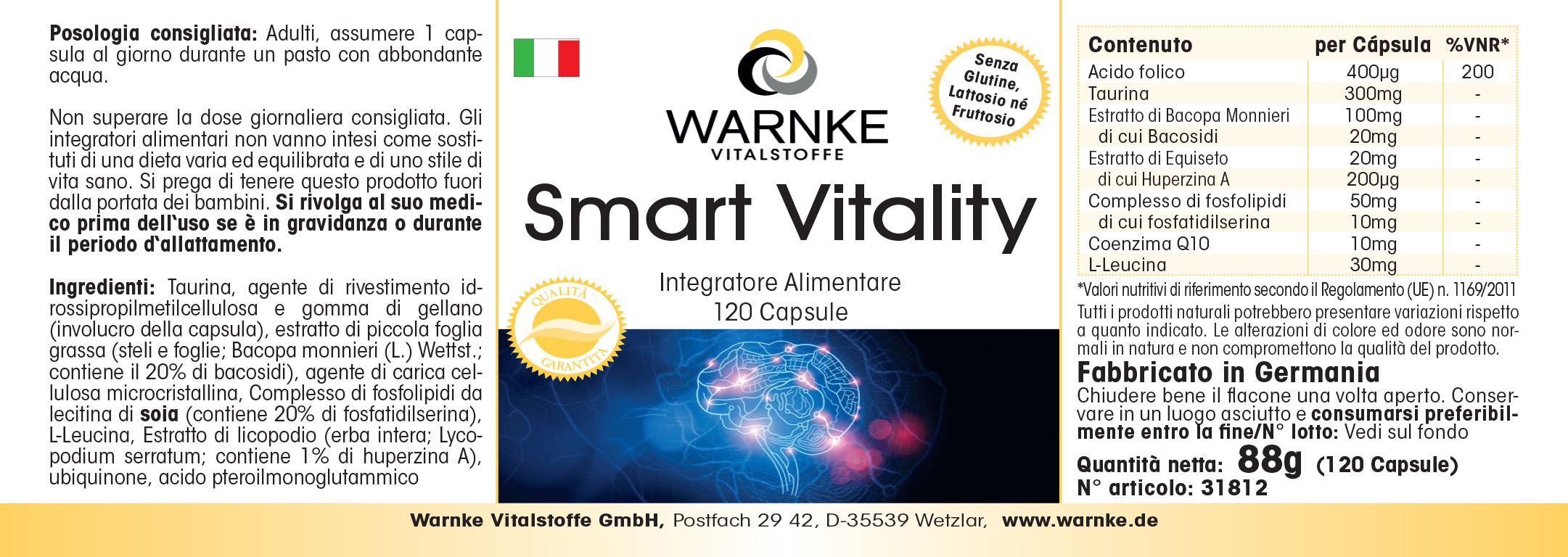 Etikett mit Produktinformationen. Warnke Vitalstoffe, Smart Vitality, 120 Kapseln. Gluten-, Laktose- und Fructosefrei. Inhaltsstoffe.