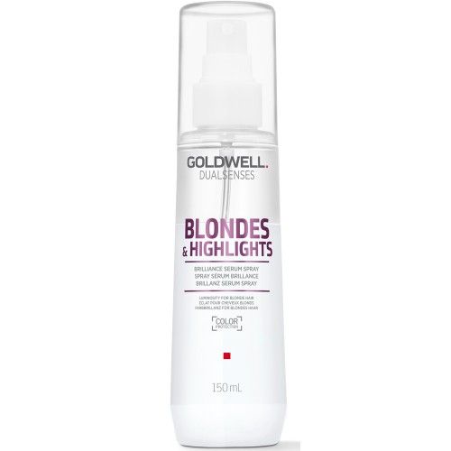 Goldwell Blondes & Highlights Brilliance Serum Spray. Weiße Flasche mit Sprühkopf. Lila Schriftzug. 150ml.
