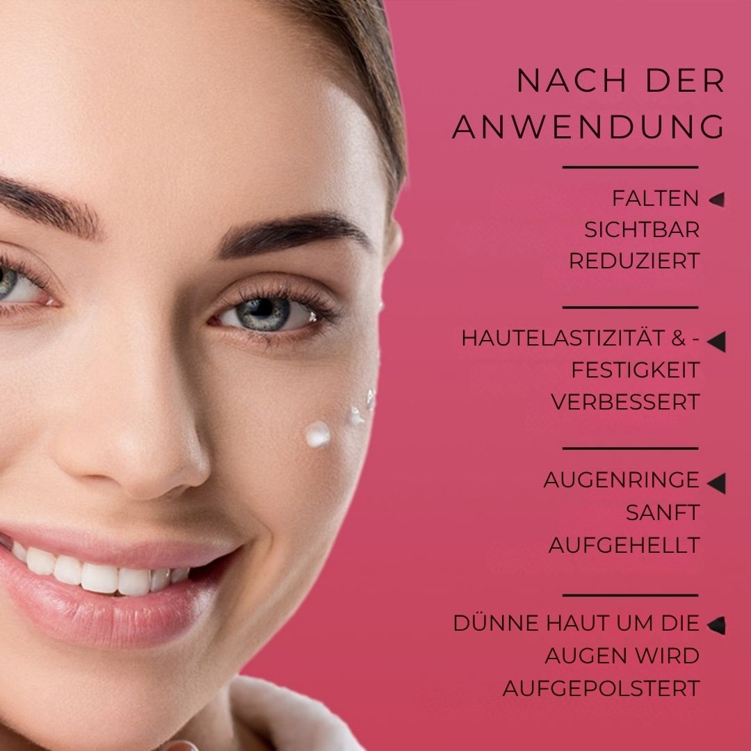 Nahaufnahme eines Gesichts mit Produkt. Text: Dr. SEA, Moisturising Corrective Eye Cream, Retinol & Hyaluronsäure. Nach der Anwendung.
