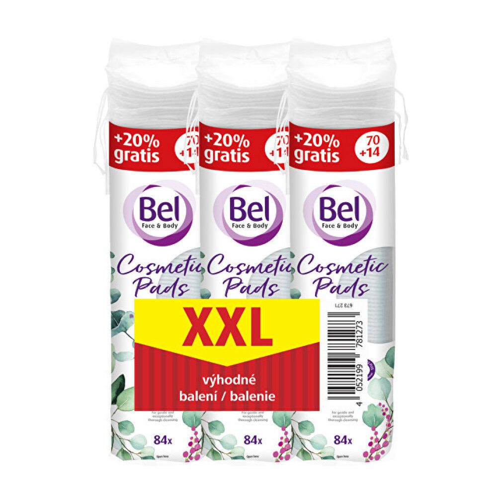 Verpackung mit Bel Cosmetic Pads. Drei Packungen mit weißen Pads. Aufschrift: XXL, vorteilhafte Packung. Grün-lila Design.