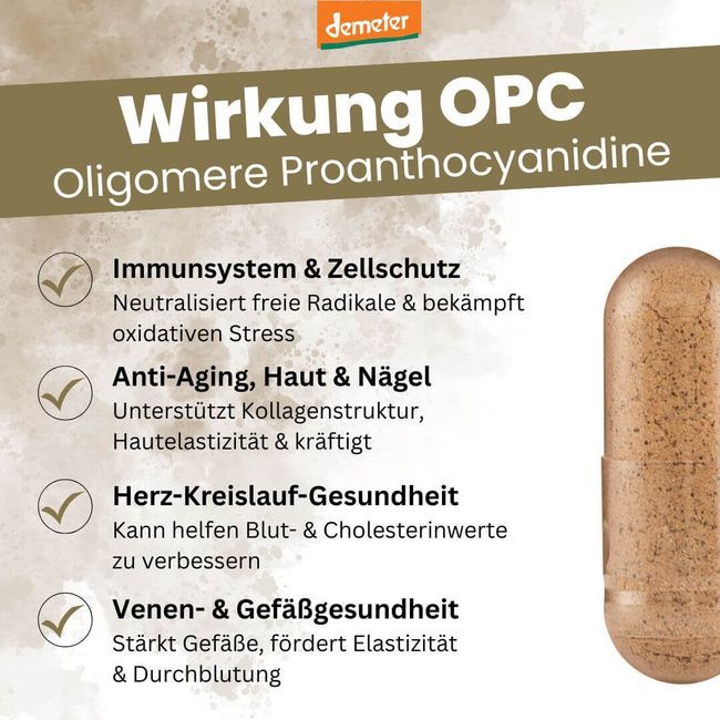 Kapsel mit AOX OPC Präparat. Text: Immunsystem, Anti-Aging, Herz-Kreislauf-Gesundheit, Venen- & Gefäßgesundheit.