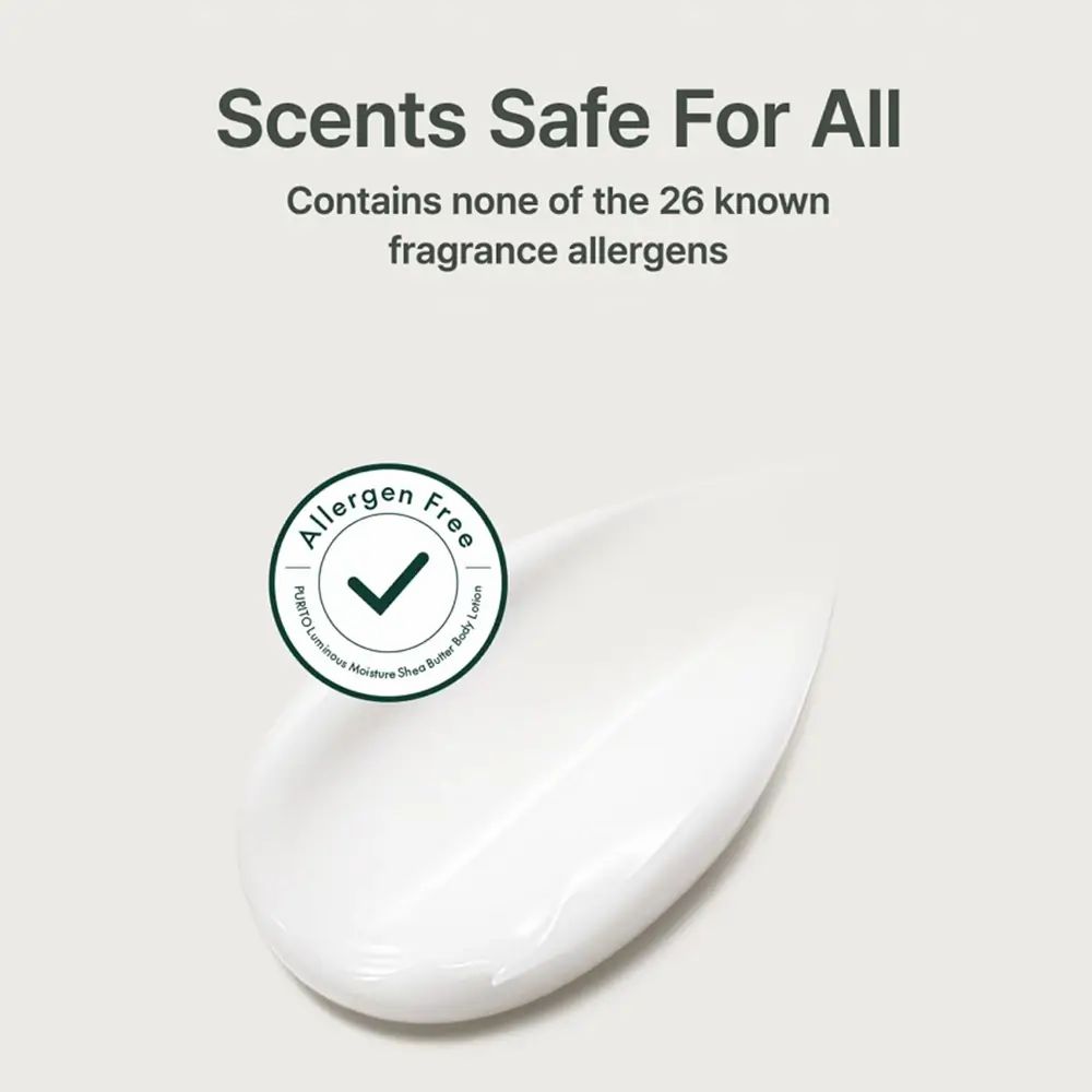 Weißer Creme-Klecks mit grünem Kreis. Text: Allergen Free. Aufschrift: Purito Luminous Moisture Shea Butter Body Lotion.