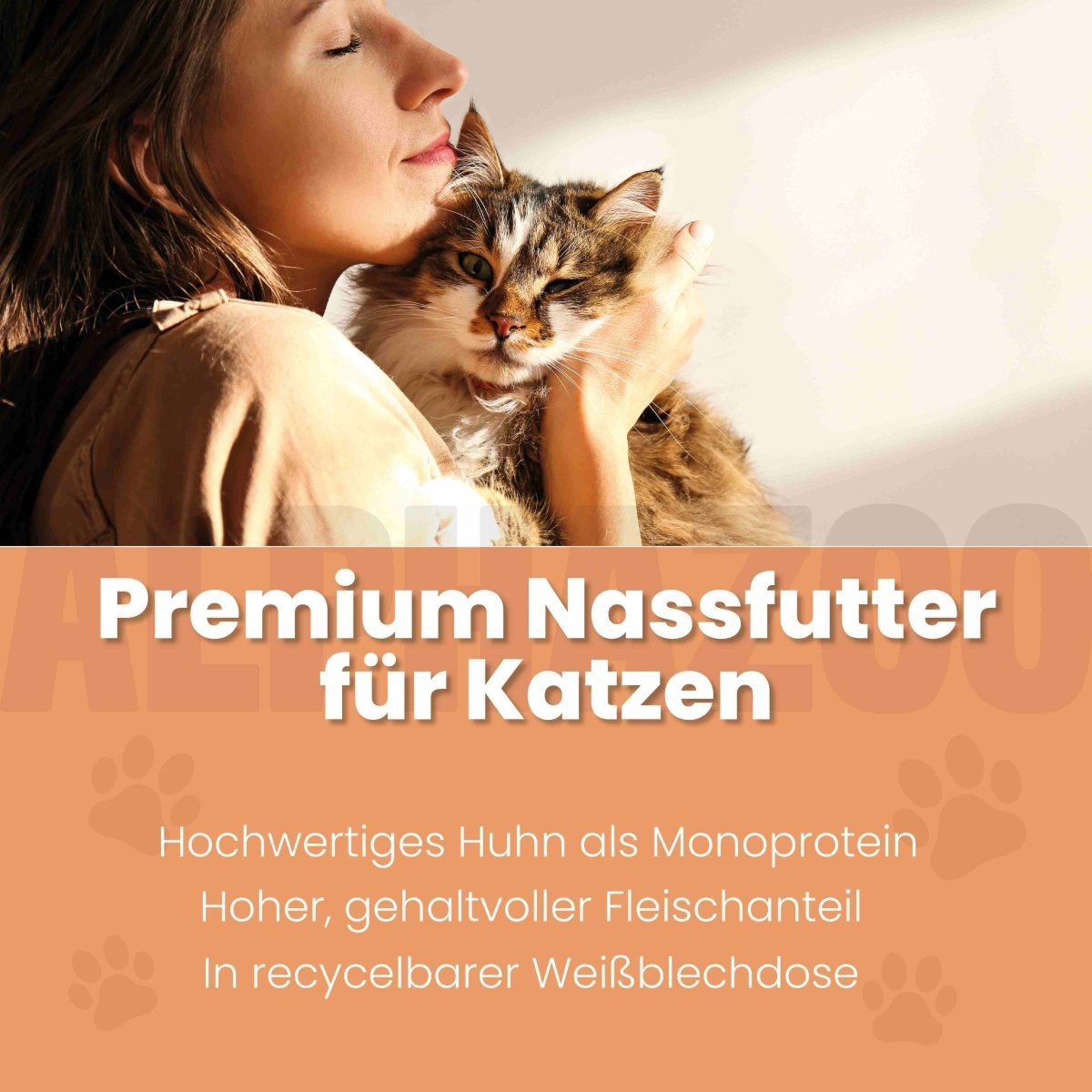 Text mit Produktinformationen: Premium Nassfutter für Katzen. Hochwertiges Huhn als Monoprotein. Hoher Fleischanteil. In recycelbarer Weißblechdose.