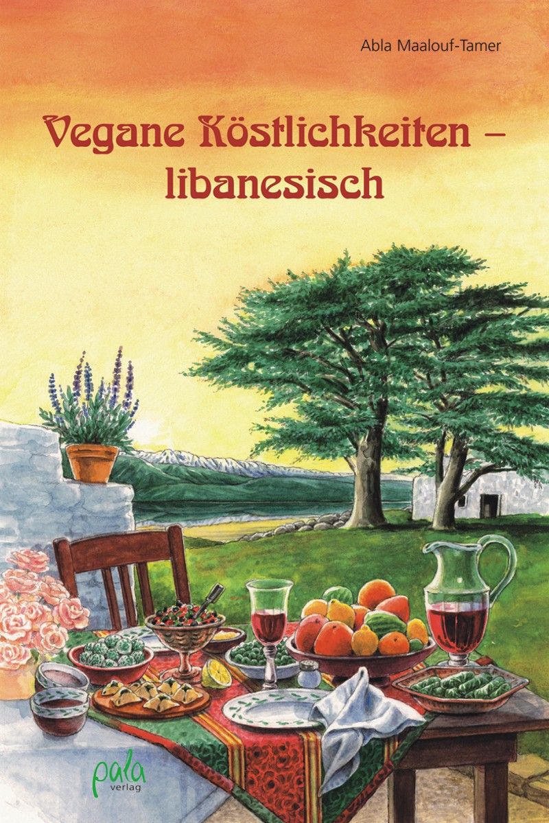Buchcover: "Vegane Köstlichkeiten - libanesisch". Tisch mit Speisen, Baum, Haus, Berge. Titel und Autor sichtbar.