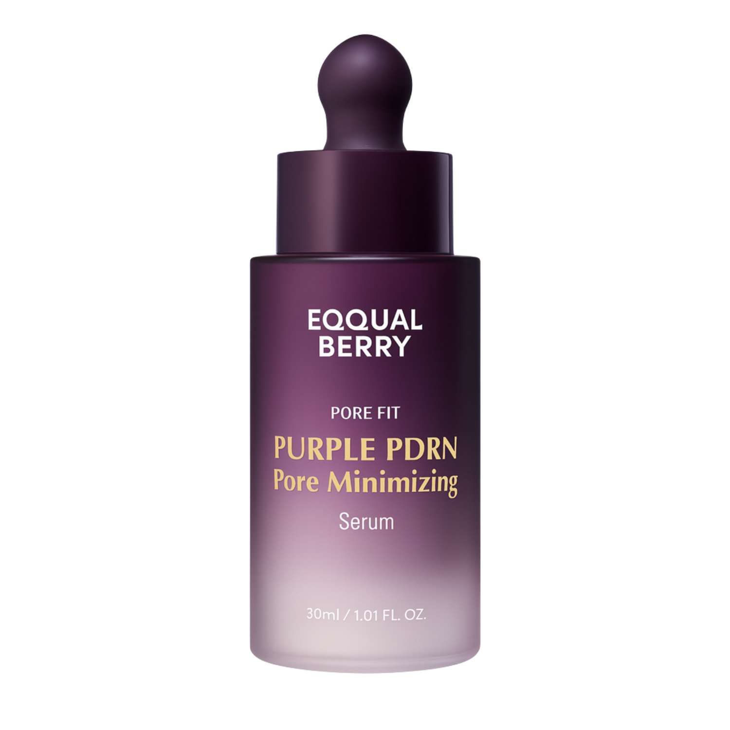 Violette Serumflasche mit Tropfer. Aufschrift: EQQUALBERRY, PURPLE PDRN Pore Minimizing Serum. 30ml/1.01 fl. oz.