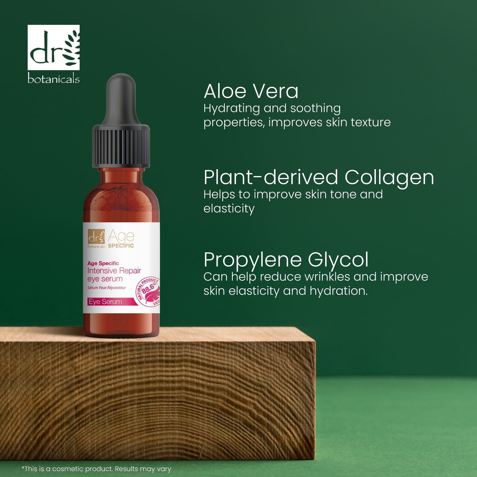 Braune Glasflasche mit Tropfer auf Holzblock. Text über Inhaltsstoffe: Aloe Vera, pflanzliches Kollagen, Propylenglykol.