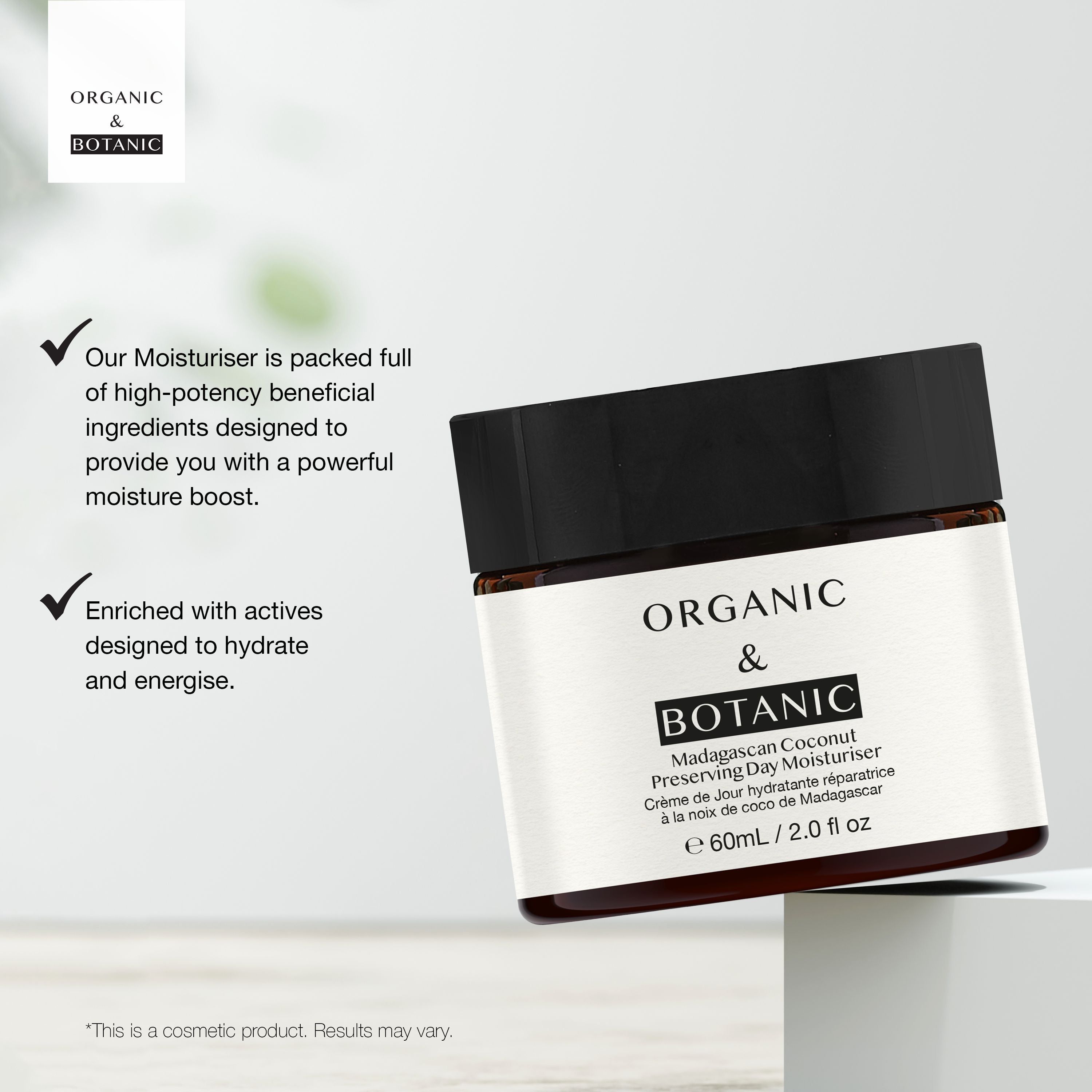 Produkt auf weißem Podest. Aufschrift: ORGANIC & BOTANIC, Mandarin Orange Enhancing Day Moisturiser. Text: Our Moisturiser...