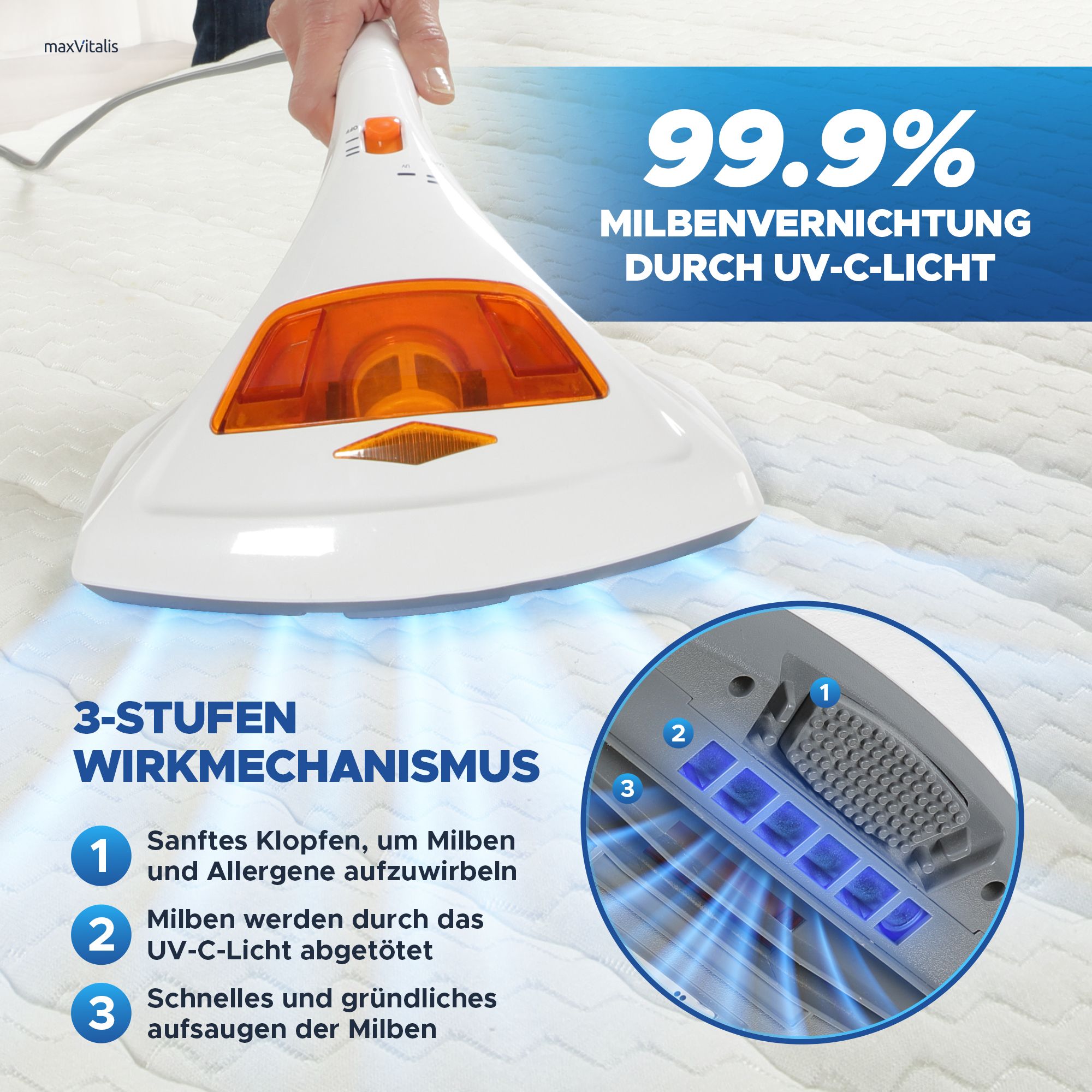 aktimeo Matratzenreinigungsgerät Milben-Handstaubsauger mit UV, ohne Beutel