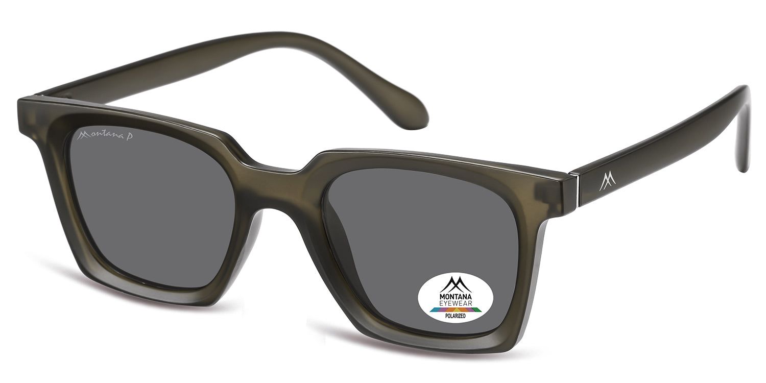 Sonnenbrille mit quadratischen Gläsern und grauem Rahmen. Montana Eyewear Logo auf dem Bügel und Aufkleber auf dem Glas.