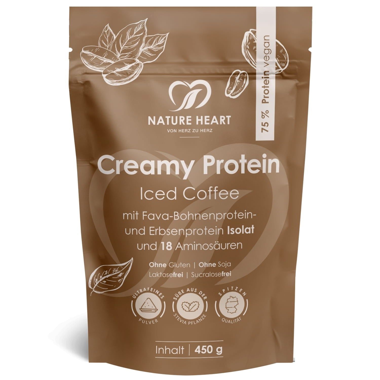 Braune Verpackung mit "Nature Heart Creamy Protein Iced Coffee". Enthält 450g. Text: 75% Protein vegan, ohne Gluten, Soja, Laktose, Sucralose.