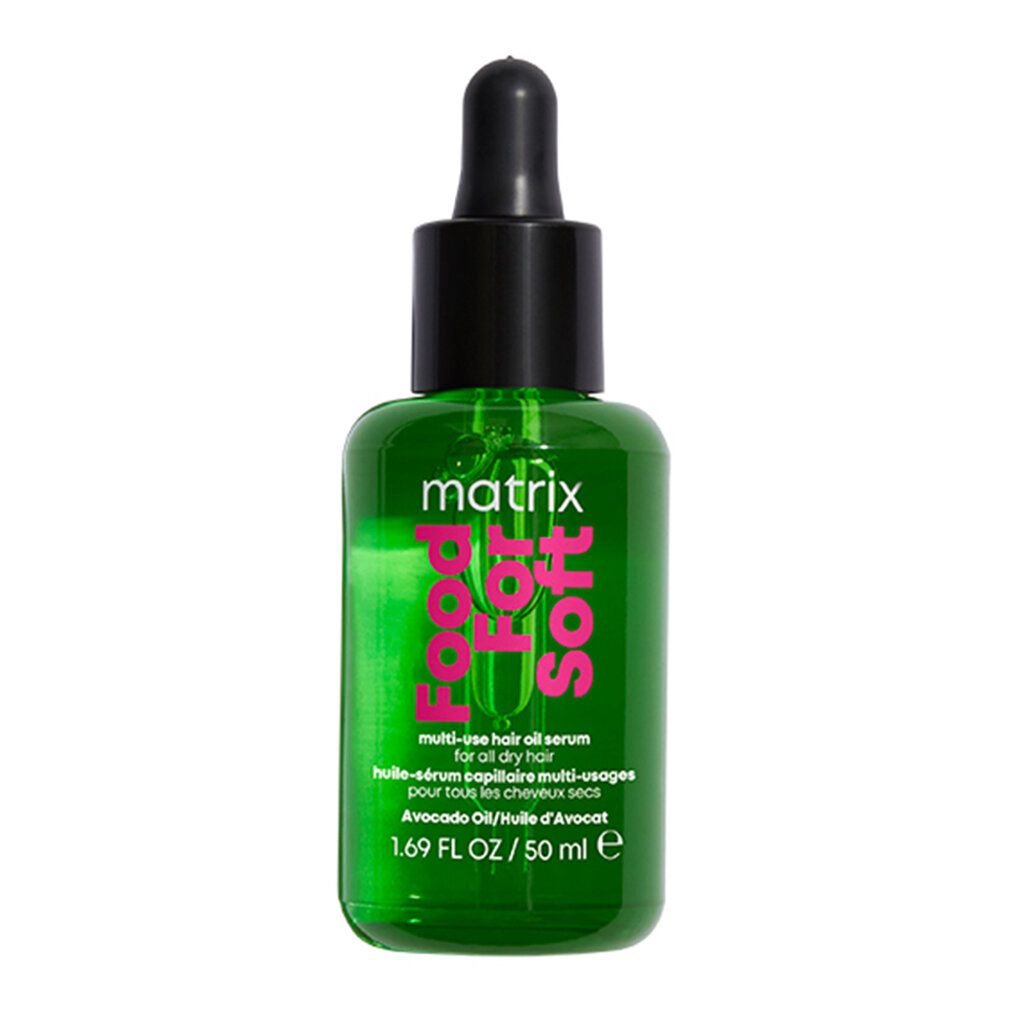 Grüne Flasche mit schwarzem Deckel und Pipette. Aufschrift: matrix Food For Soft. Enthält Haaröl-Serum. Avocado-Öl.