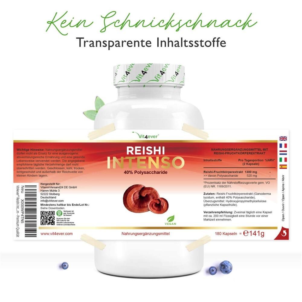 Produktetikett auf Flasche: Reishi Intenso, 40% Polysaccharide. Inhaltsstoffe, Dosierung, Herstellerinformationen. Vegan-Siegel. 180 Kapseln.