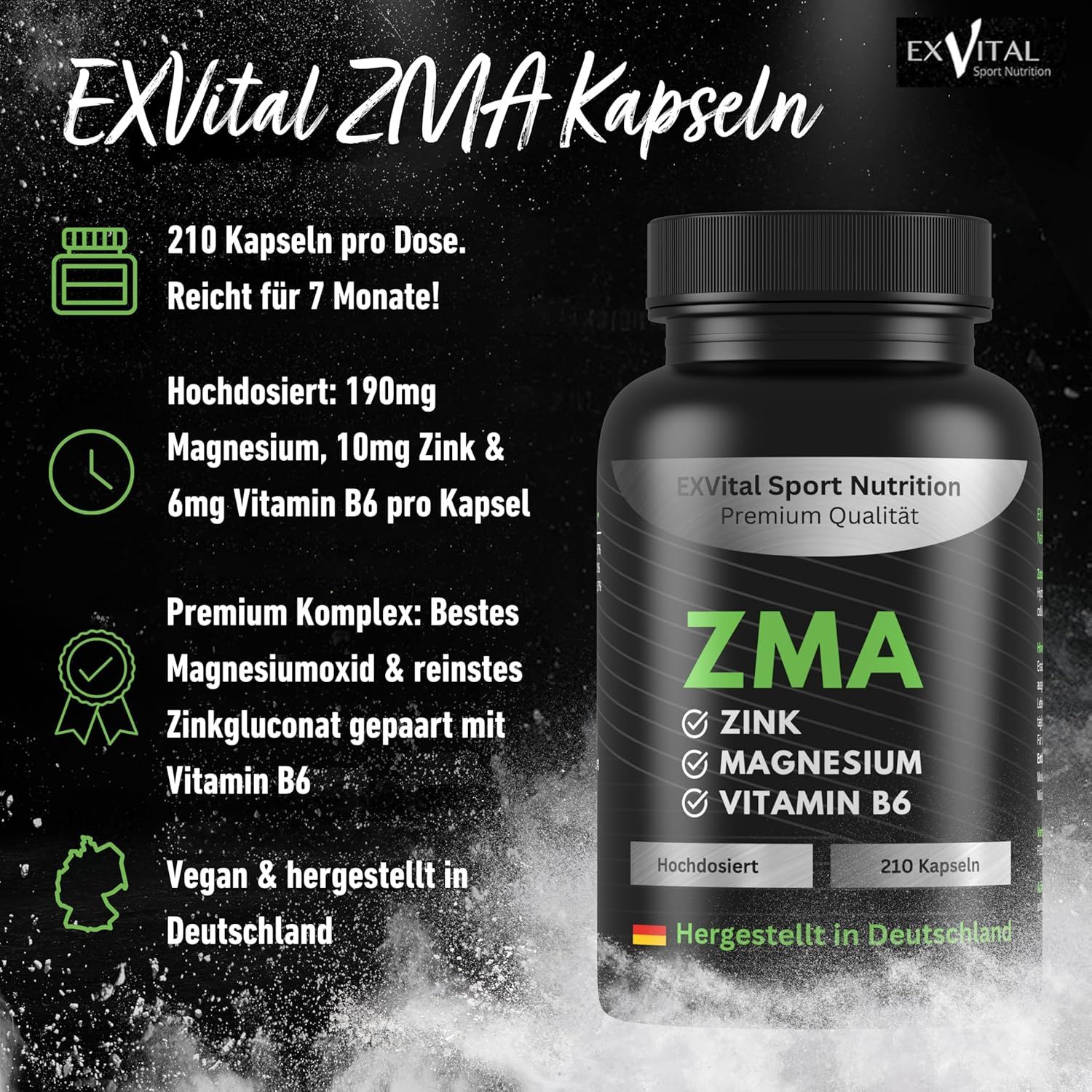ZMA-Kapseln in schwarzer Flasche. Text: 210 Kapseln pro Dose. Hochdosiert: Magnesium, Zink, Vitamin B6. Vegan & hergestellt in Deutschland. Marke: EXVital Sport Nutrition.