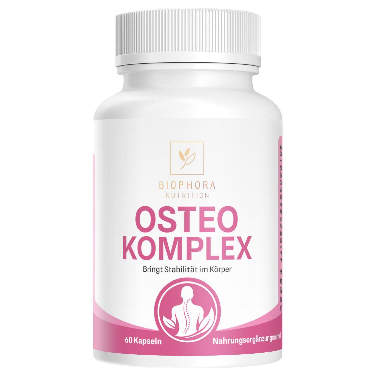 Weiße Flasche mit rosa Bogen. Text: Biophora Nutrition, OSTEO KOMPLEX, Bringt Stabilität im Körper, 60 Kapseln, Nahrungsergänzungsmittel.
