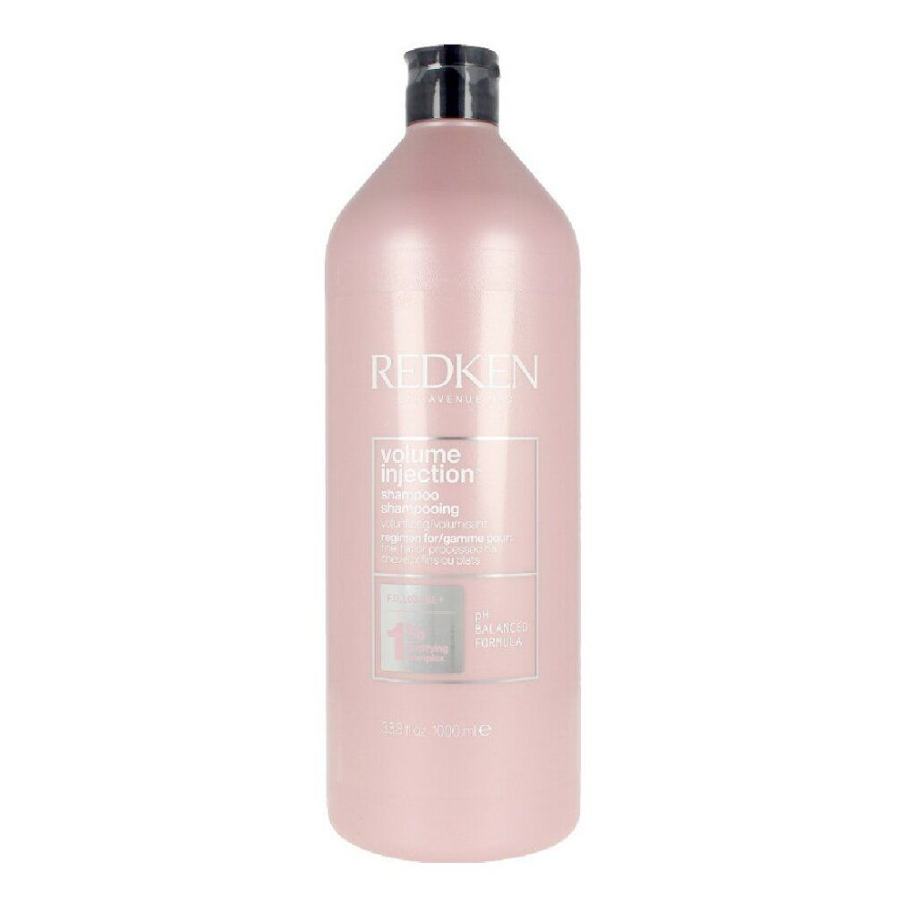 Rosa Shampoo-Flasche mit schwarzem Deckel. Aufschrift: REDKEN, Volume Injection Shampoo. 1000 ml.