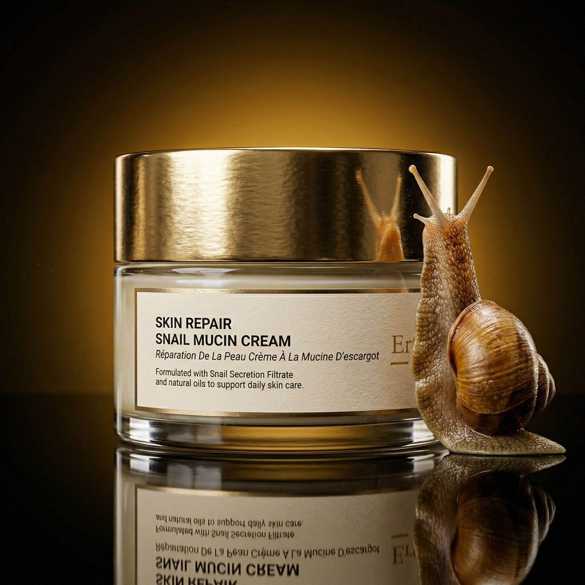 Glasbehälter mit goldfarbenem Deckel. Daneben eine Schnecke. Aufschrift: Skin Repair Snail Mucin Cream. Marke: ErthSkin London.