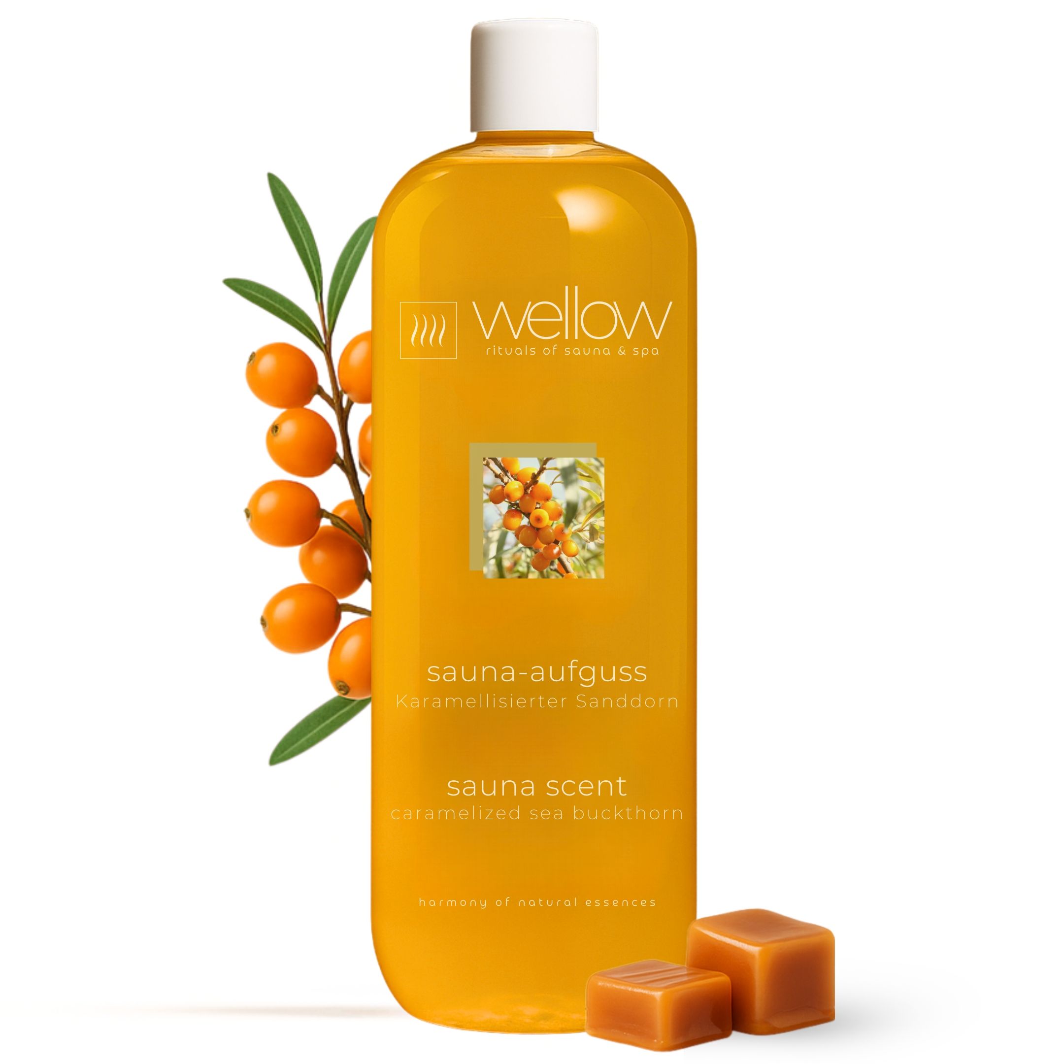 Gelbe Flasche mit weißem Deckel. Aufschrift: Wellow, Sauna-Aufguss, Karamellisierter Sanddorn. Sanddorn-Zweig und Karamellbonbons.
