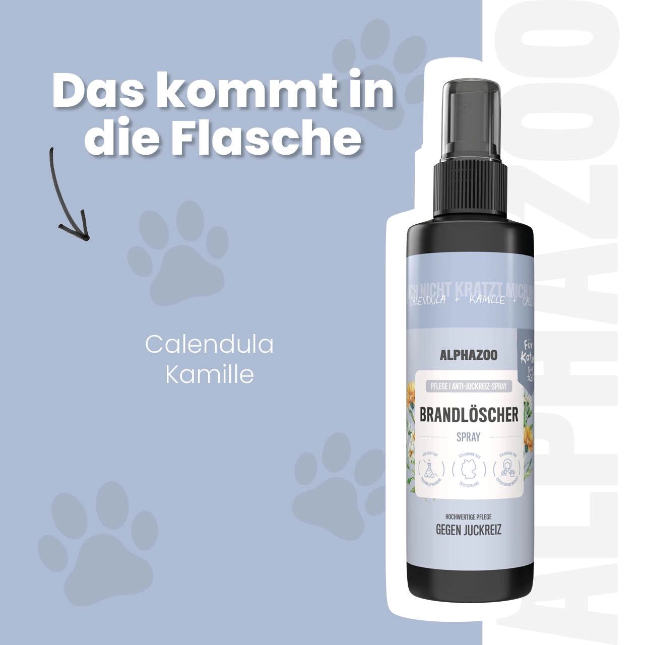 Produktflasche mit Text: alphazoo Brandlöscher Spray. Inhaltsstoffe: Calendula, Kamille. Hintergrund: Pfotenabdrücke.