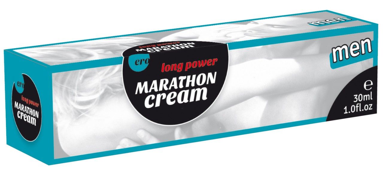 Blaue Schachtel mit Text und Bild. Text: "long power MARATHON cream". "men". 30ml.