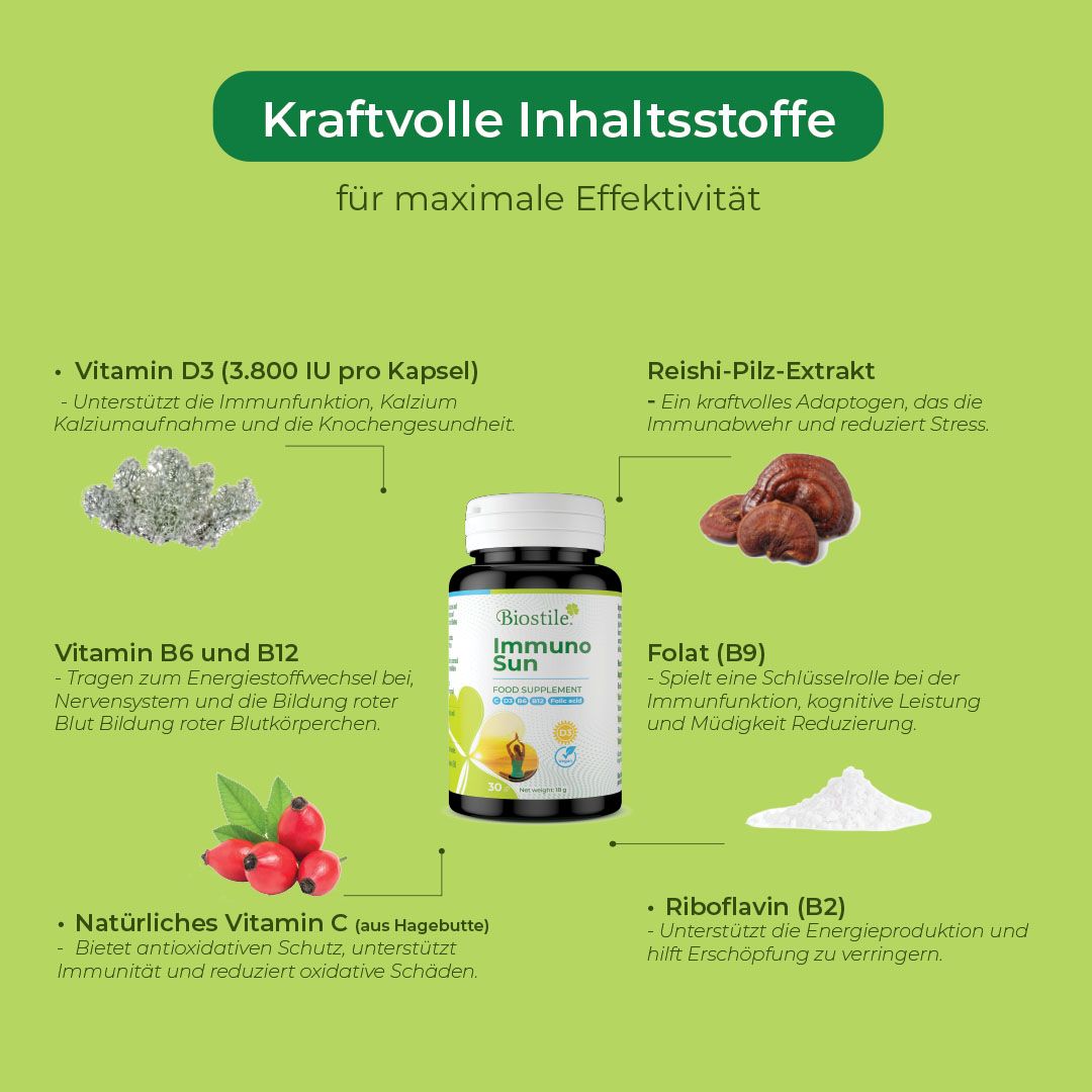 Produktabbildung mit Inhaltsstoffen. Vitamin D3, Vitamin B6, Vitamin B12, Vitamin C, Reishi-Pilz, Folat, Riboflavin.