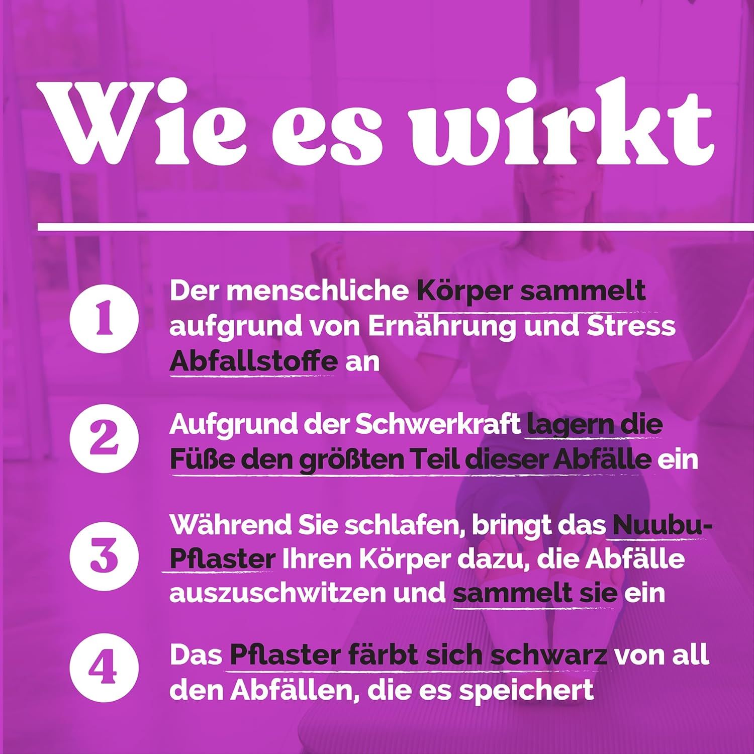 Text mit nummerierten Punkten. Thema: Wie es wirkt. Punkte beschreiben, wie der Körper Abfälle sammelt und das Pflaster diese speichert.