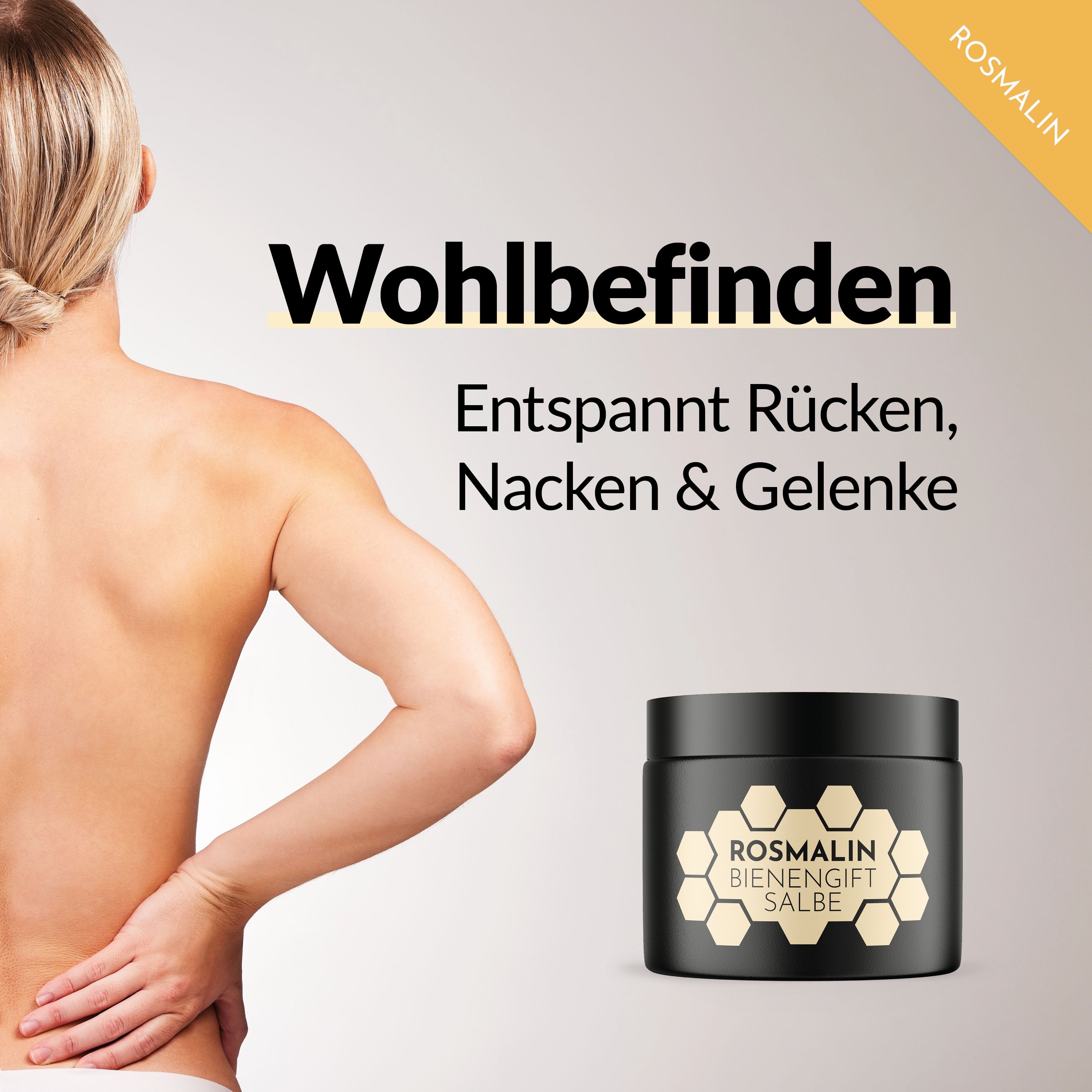 Schwarzer Tiegel mit Rosmalin Bienengiftsalbe. Aufschrift: Rosmalin Bienengift Salbe. Frau mit Rückenansicht.