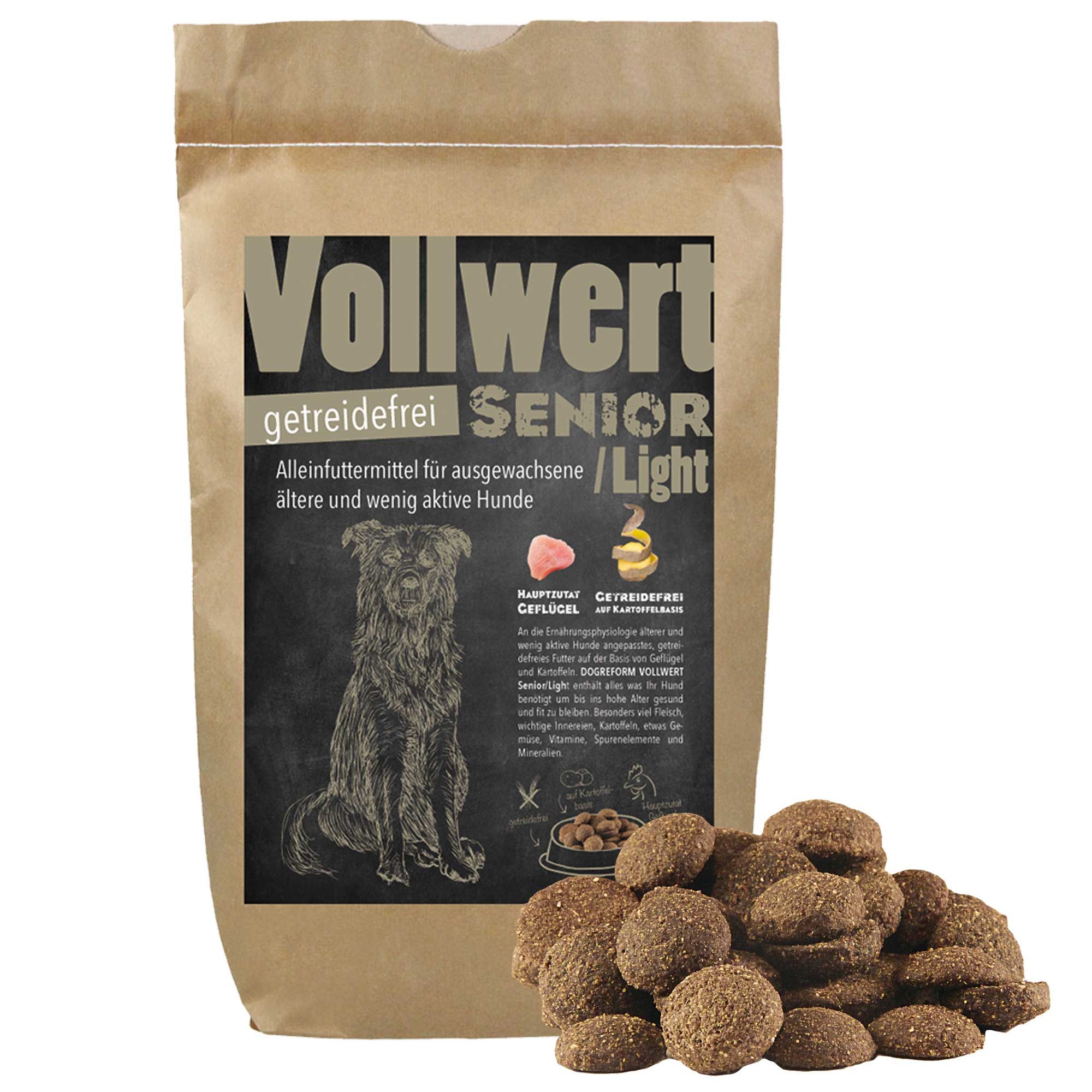 Braune Papiertüte mit Aufdruck. Enthält Trockenfutter für Hunde. Aufschrift: Vollwert Senior/Light, getreidefrei. Mit Kroketten.