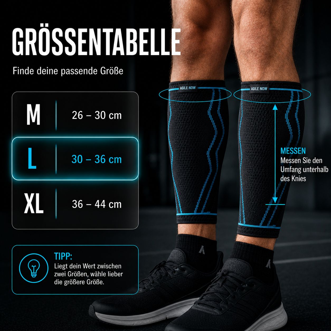 Größentabelle mit Größen M, L, XL. Schwarze Wadenbandagen mit blauen Linien. Messanleitung unterhalb des Knies.