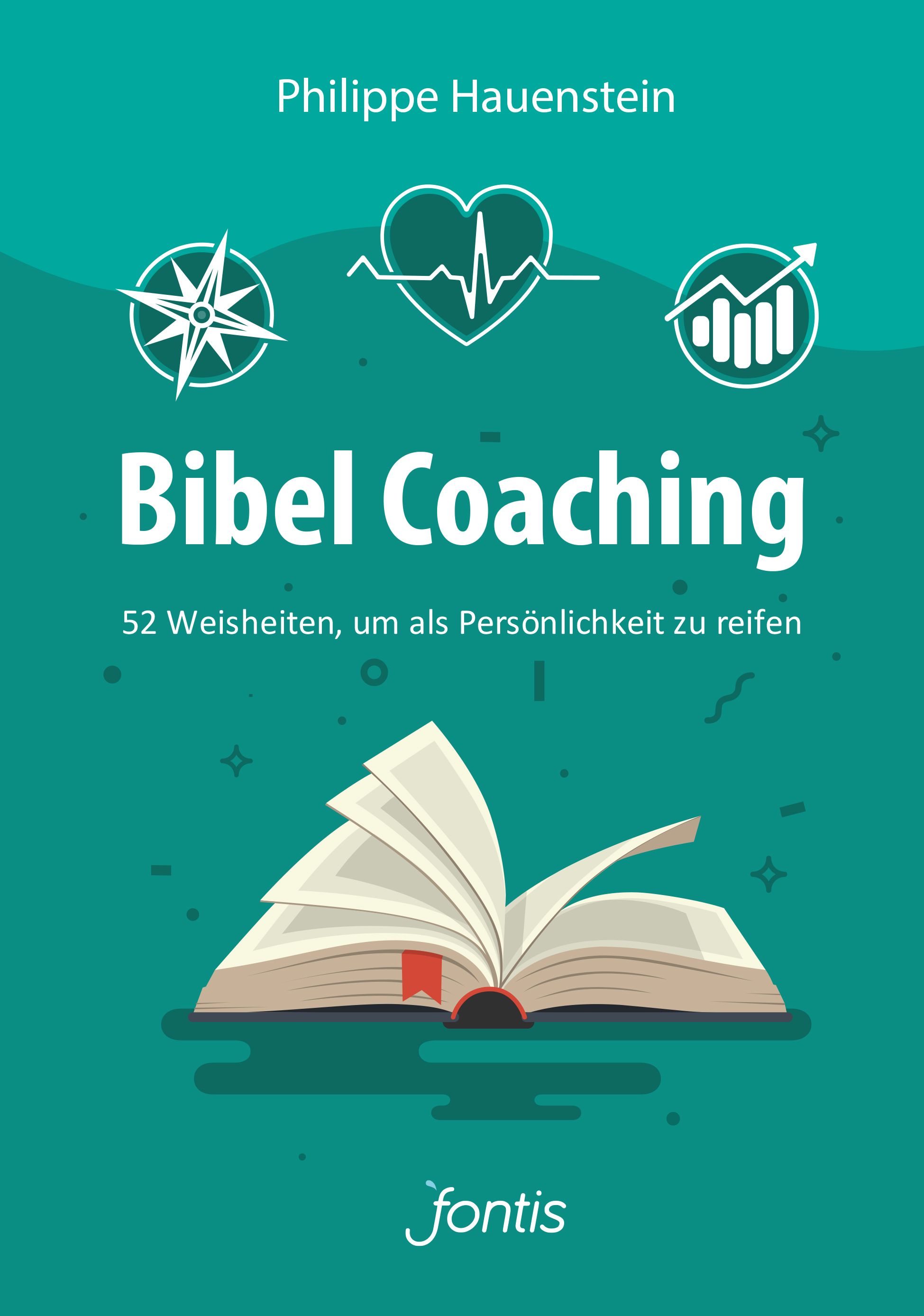Buchcover mit Titel "Bibel Coaching". Geöffnetes Buch mit Lesezeichen. Oben Symbole: Kompass, Herzschlag, Diagramm.