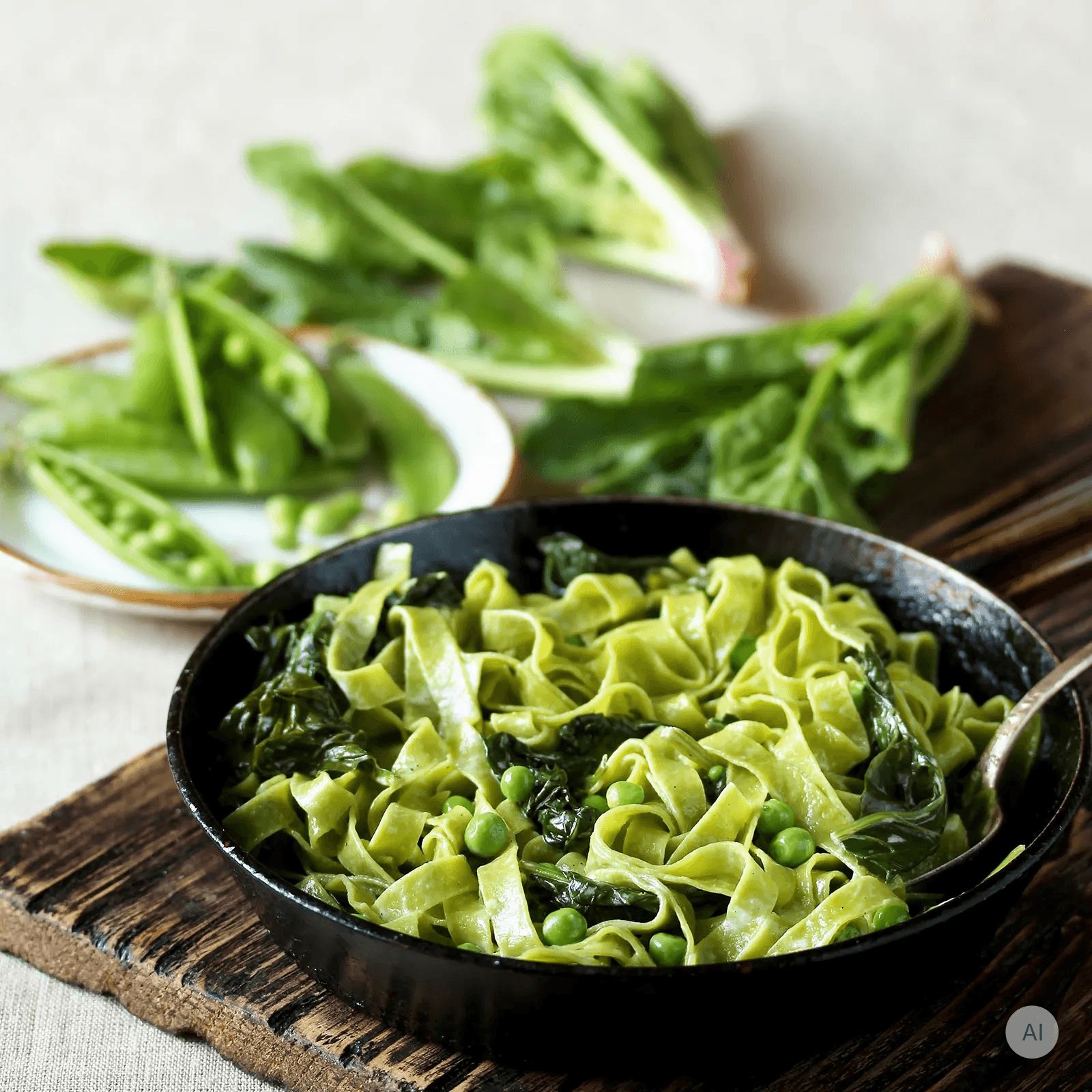 Serviervorschlag: Grüne Tagliatelle mit Spinat und Erbsen in einer Pfanne, daneben frische Spinatblätter.