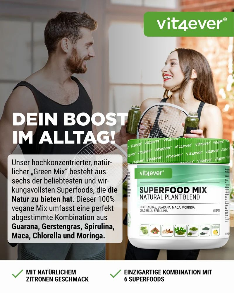 Vit4ever Superfood Mix Dose neben einem Paar, das Sport treibt.