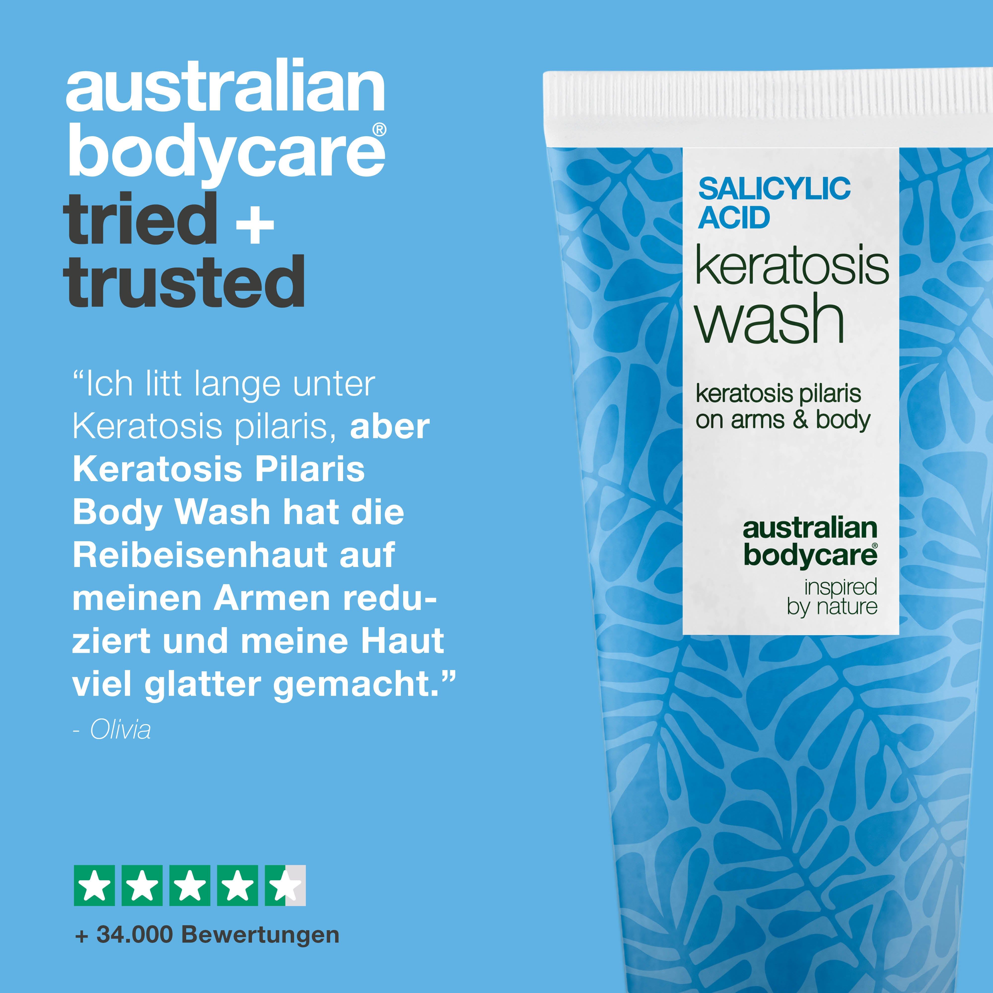 Tube mit Text: Salicylsäure Keratosis Wash. Marke: Australian Bodycare. Zitat: Olivia. 5 Sterne Bewertung.