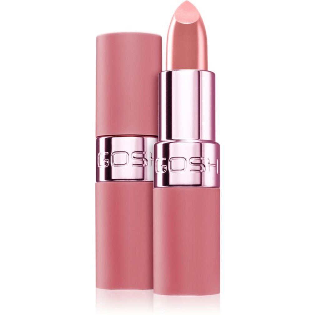 Ein rosafarbener Lippenstift mit silbernem Applikator und dem Logo GOSH.