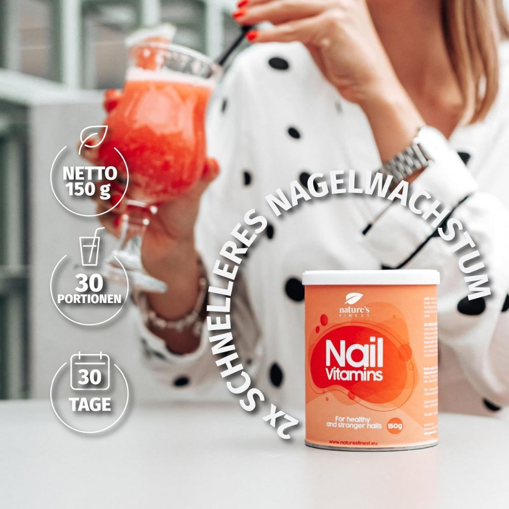 Dose Nagel Vitamine neben einem Glas Getränk, mit Symbolen für 150g, 30 Portionen und 30 Tage.