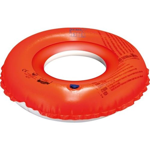 Aufblasbarer Schwimmring, orangefarben mit weißem Innenring. Blaue Verschlusskappe. Text und Logo BEMA.