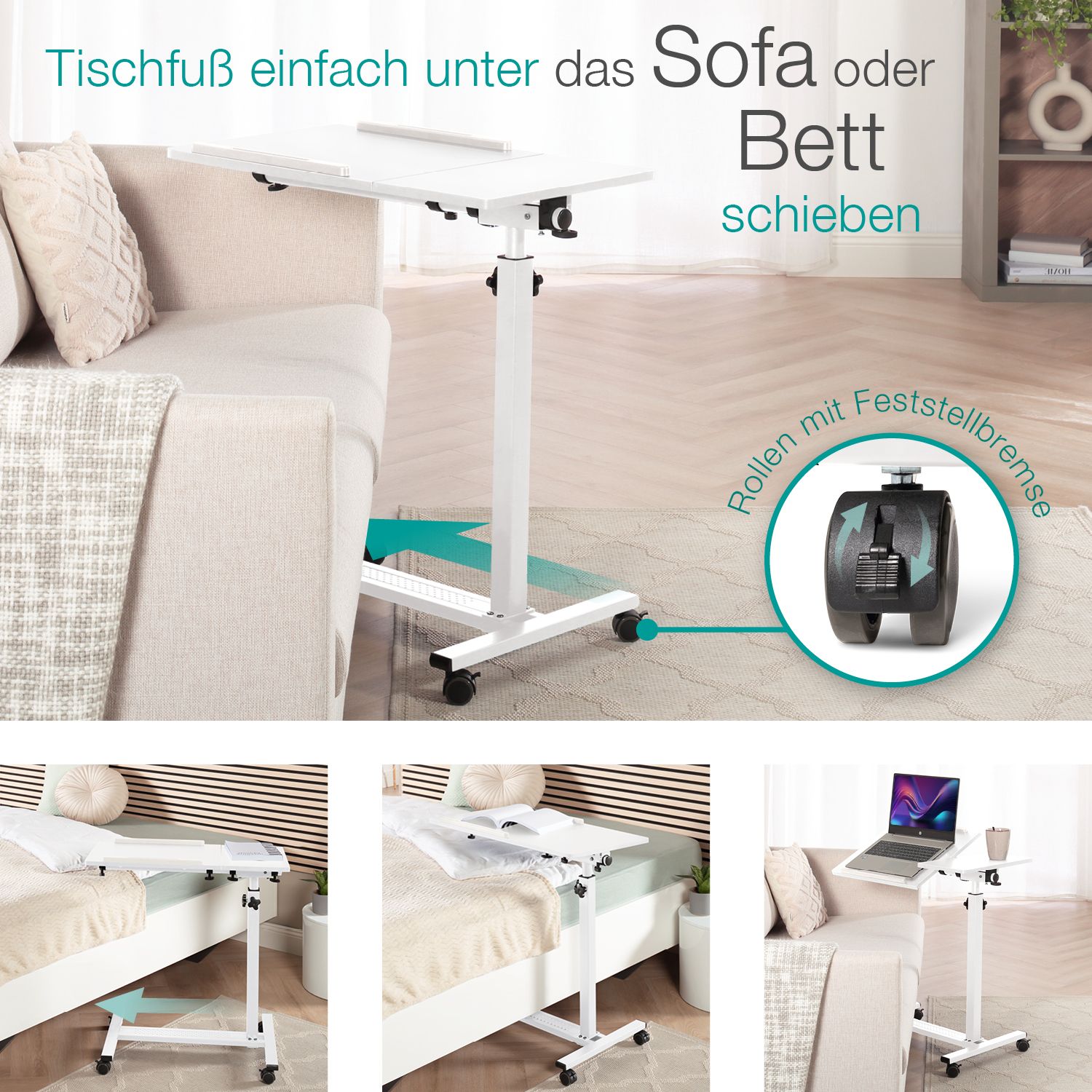 Weißer, höhenverstellbarer Tisch mit Rollen und Feststellbremse. Text: Tischfuß einfach unter das Sofa oder Bett schieben.