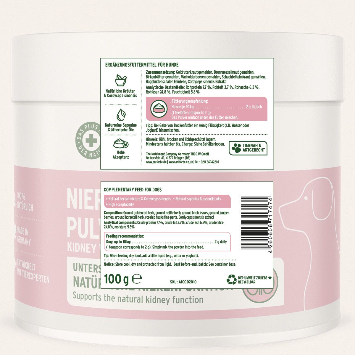 Weißer Behälter mit rosa Etikett. Text: AniForte Nieren Vetal Pulver. Text: Ergänzungsfuttermittel für Hunde. Text: 100g. Illustration eines Hundes.