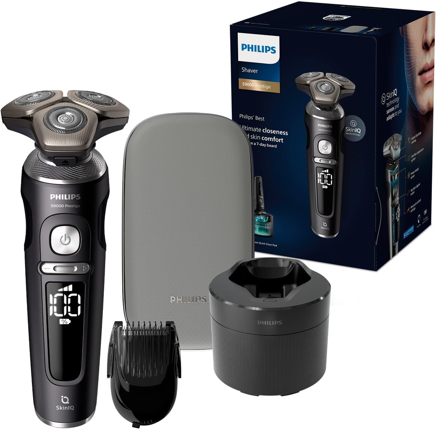 Schwarzer Rasierer mit Zubehör: Etui, Reinigungsstation, Trimmer, Ladestation. Verpackung mit Produktabbildung.