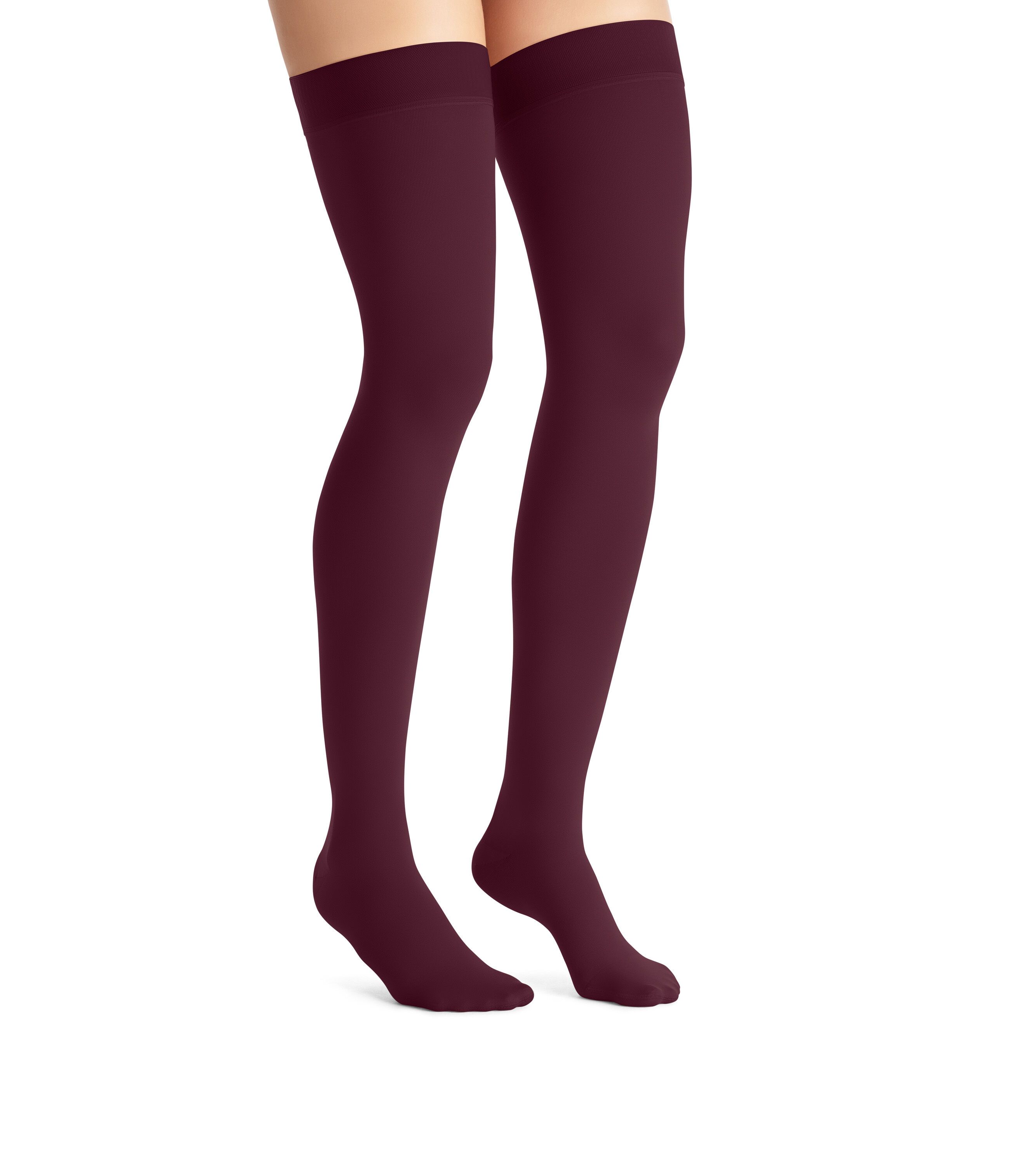 Burgunderfarbene Kompressionsstrümpfe, Oberschenkel hoch, blickdicht. Zehen- und Fersenbereich. JOBST-Logo nicht sichtbar.