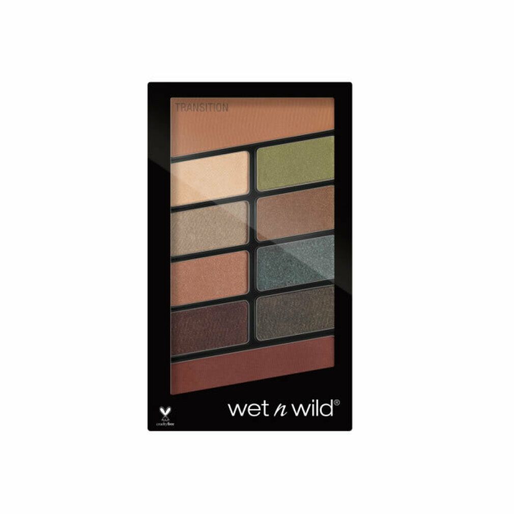 Schwarze Lidschattenpalette mit 10 Farben. Enthält Farbtöne von Beige bis Braun und Grün. Marke: wet n wild. Mit Cruelty-Free-Logo.