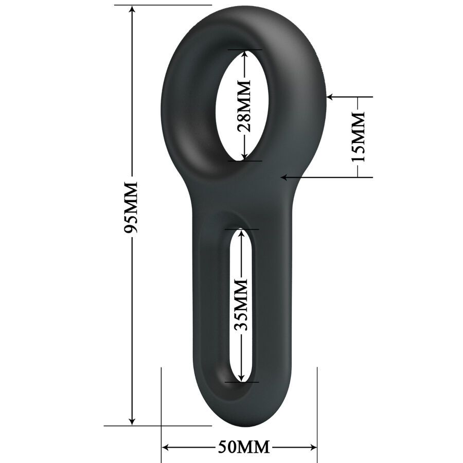 Schwarzer Penisring mit Maßen. Gesamtlänge 95mm, Ringdurchmesser 28mm, Loch 35mm.