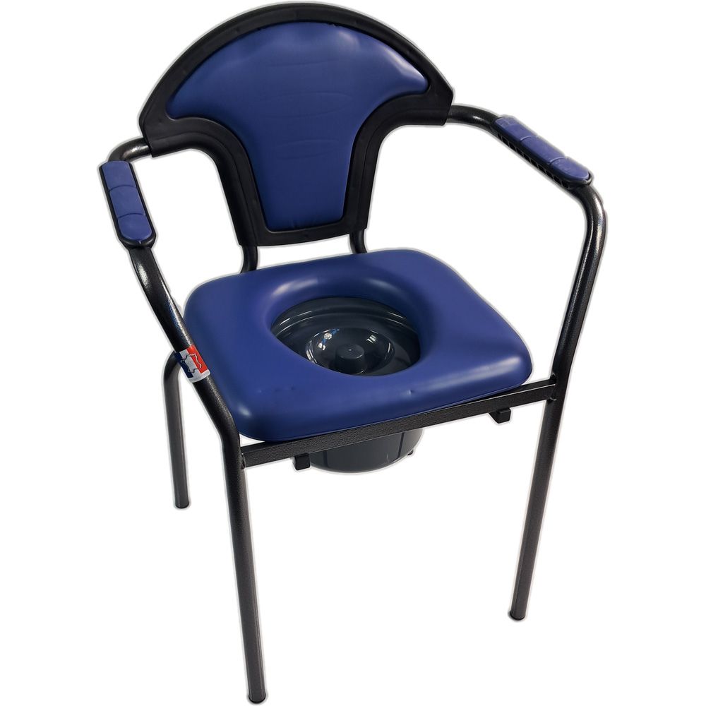 Toilettenstuhl, blau gepolstert, mit Armlehnen und Rückenlehne. Schwarzes Metallgestell. Blick von oben.